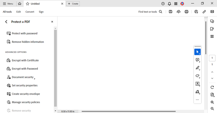 Screenshot of the Protect a PDF tool options in Adobe Acrobat.