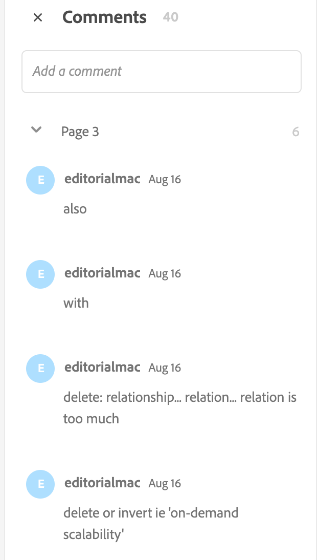 Examples of editorial comments in Adobe online editor interface.