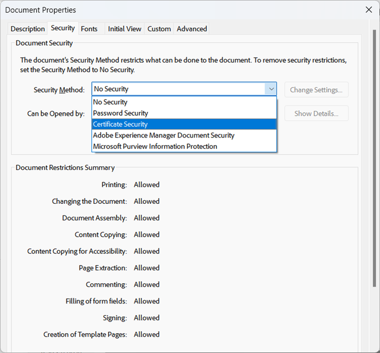 Screenshot showing different security method options in Adobe Acrobat Pro.