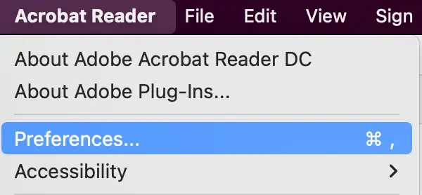Screenshot of Acrobat Reader Preferences location