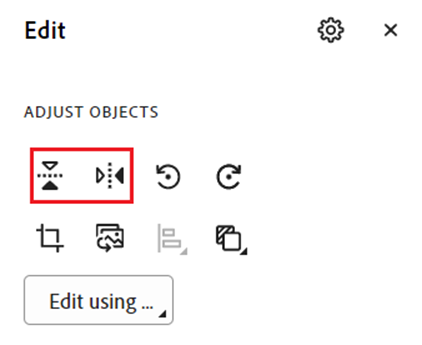 Screenshot of the edit tools in Adobe Acrobat Pro with the icons to flip images vertically or horizontally highlighted.