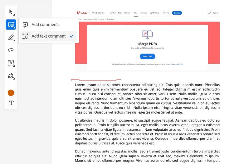 Comment editing tools displayed with a PDF in the background.