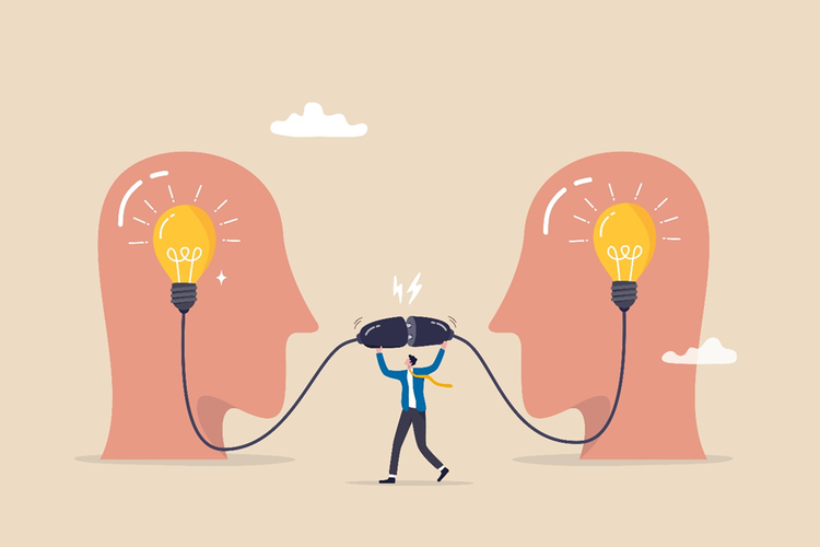 Diagram depicting communication between two people with person connecting ideas with a power socket in between.
