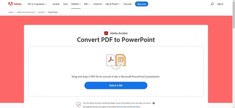 Convert PDF to PowerPoint tool on Adobe Acrobat online.