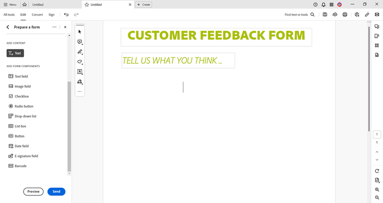 Screenshot showing the Prepare a form tool and form components in Adobe Acrobat that can be used in a customer feedback form.