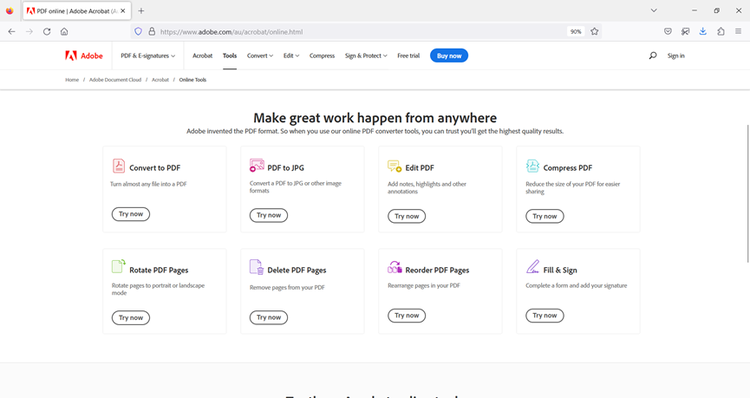 Screenshot of Adobe Acrobat online showing some of the tools available.
