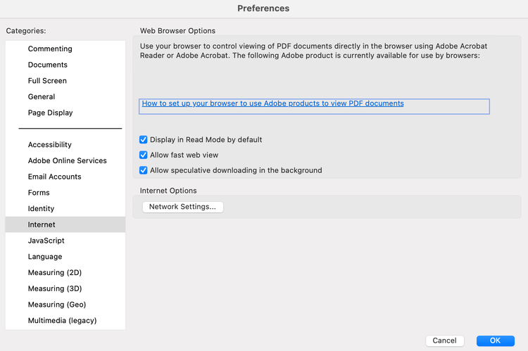 Web browser options in the preferences screen