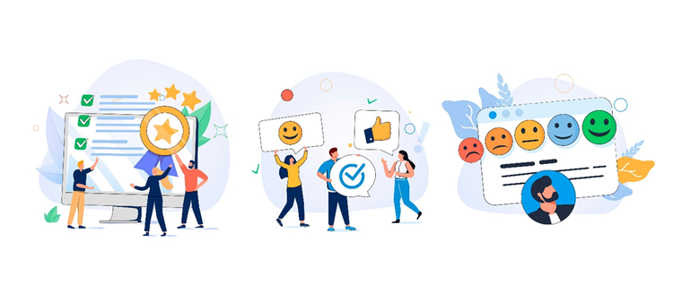 Three diagrams depicting people interacting with different types of form fields commonly found in customer feedback forms.