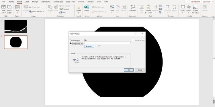 Insert Object dialog box on PowerPoint.