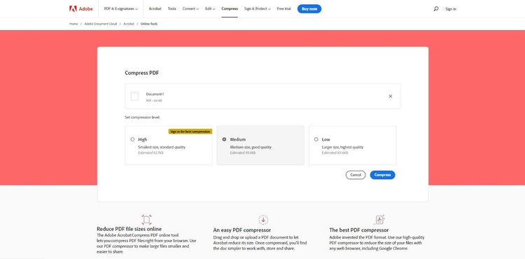 Screenshot showing compression options and estimated size of new PDF.