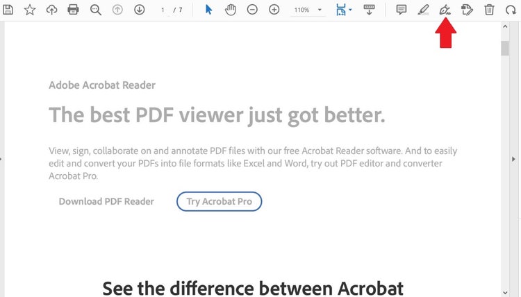 Screenshot of Fill & Sign icon on Adobe Acrobat Reader with arrow