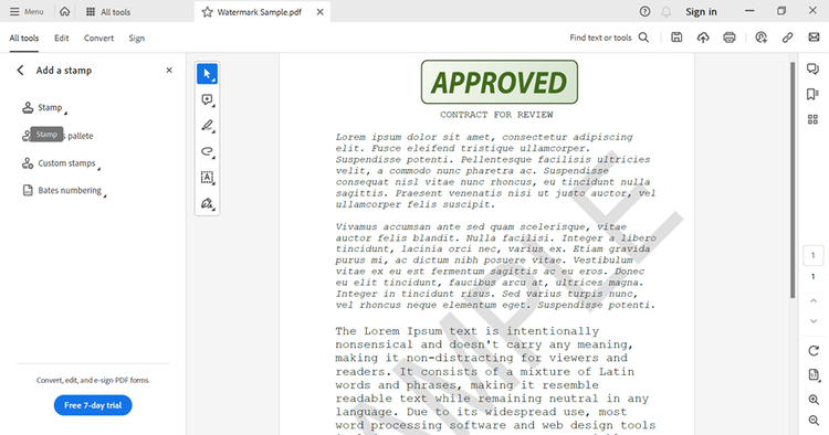 Screenshot of a document open in Acrobat with a watermark saying "Sample" and an overlaid stamp saying "Approved".