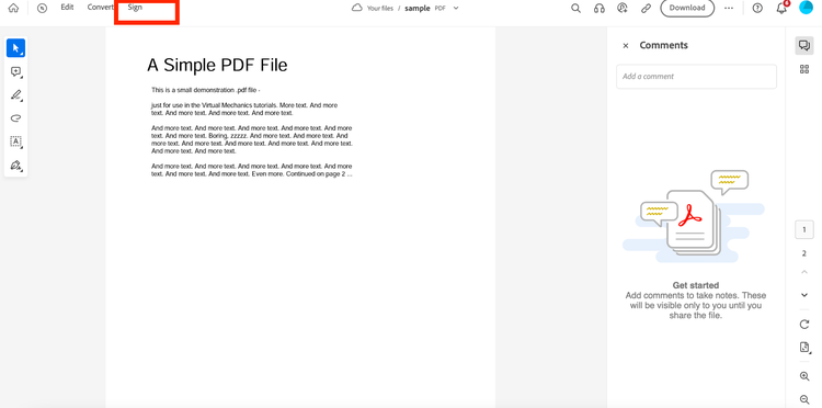 Screenshot showing where to find the signature option on Adobe PDF editor