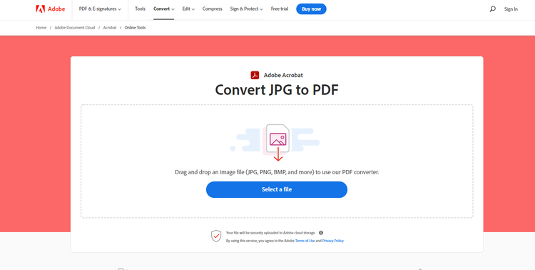 A screenshot of the convert JPG to PDF tool, showing the options for how to start uploading a file. White on a red border.