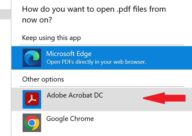 Screenshot of PDF app options dialogue box on PC with arrow