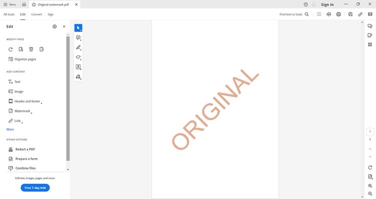 Screenshot of blank page open in Acrobat with a watermark saying "Original" placed diagonally on the page.