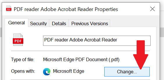 Screenshot of PDF Opens With dialogue box on PC with arrow