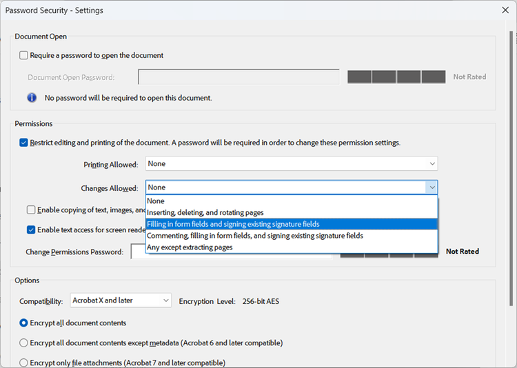 Screenshot of the security properties in Adobe Acrobat that allow for filling forms and signing documents.