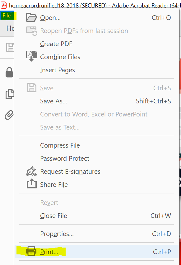 Image showing the File > Print function in Adobe Acrobat Reader.