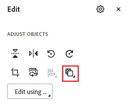 Screenshot of the edit tool in Adobe Acrobat Pro with the icon to arrange PDF images highlighted.