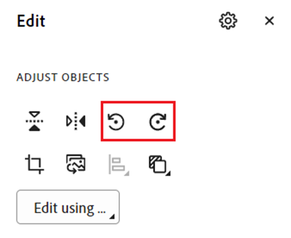 Screenshot of the edit tool in Adobe Acrobat Pro with the icons to rotate images left or right highlighted.
