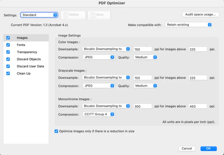Screenshot of PDF Optimiser tool in Adobe Acrobat Pro