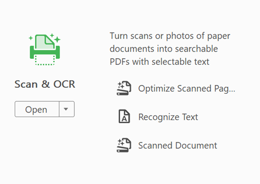 Screenshot from within the Acrobat app showing the Scan & OCR icon and instructions.