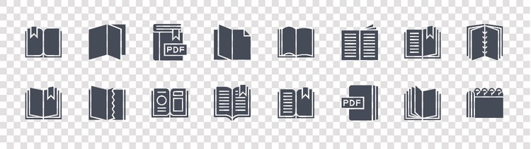 Two rows of small icons representing different types of books, binders, and notepads, with ‘PDF’ stamped on some.