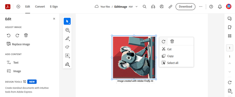 Screenshot of a PDF file open in Adobe Acrobat online showing the options to edit and image, an image of a koala sideways in the document.