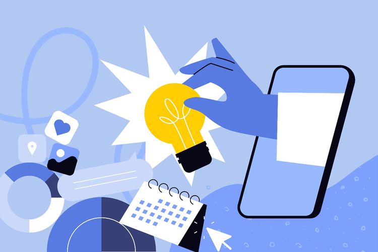 Diagram depicting a hand extending out of a smartphone holding a lightbulb with design ideas in the background.