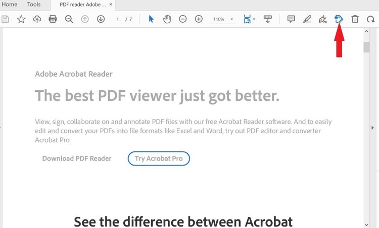 Screenshot of Edit PDF button on Adobe Acrobat Reader with arrow