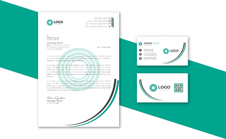 Sample of a company letterhead and business card, with the company's logo inserted as a watermark in the background of the letterhead.