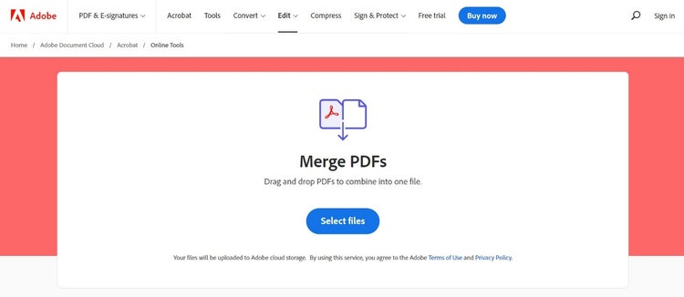 The Merge PDF tool is displayed, with a blue button in the middle and a logo displaying two pages side by side.