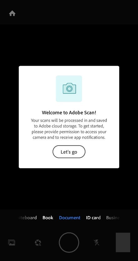 Screenshot of Adobe Scan welcome screen on iPhone