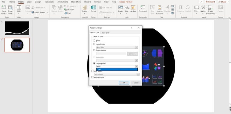 Action Settings dialog box on PowerPoint.
