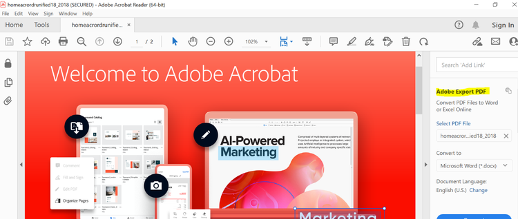 Image showing the area within the Adobe Acrobat application which has the Export PDF Function.