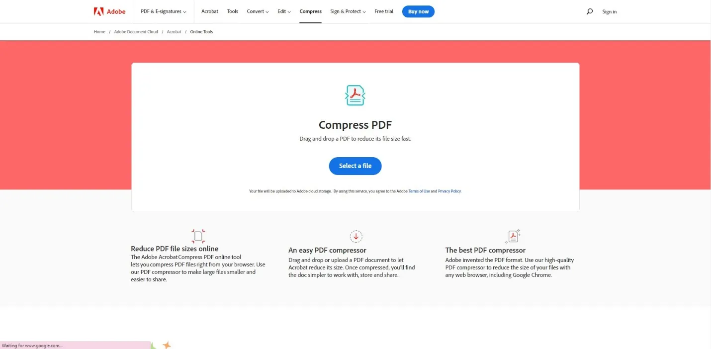 A screenshot of the online Adobe PDF compressor.