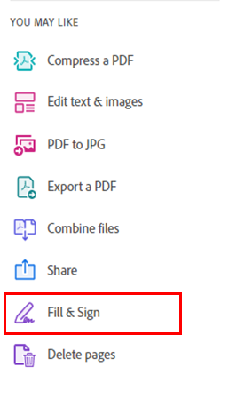 Screenshot of the highlighted ‘Fill & Sign’ option in the Adobe Acrobat toolbar.