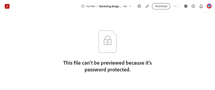 Screenshot from Adobe Acrobat Online showing a document that is password protected unable to be previewed.