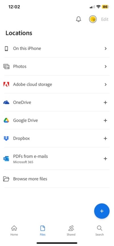 Selecting files from Adobe Acrobat app on iPhone.