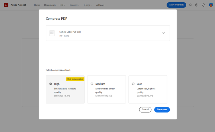 Compress PDF options on Adobe Acrobat website.