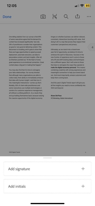 Adding signature and initials to PDF on Adobe Acrobat app on iPhone.