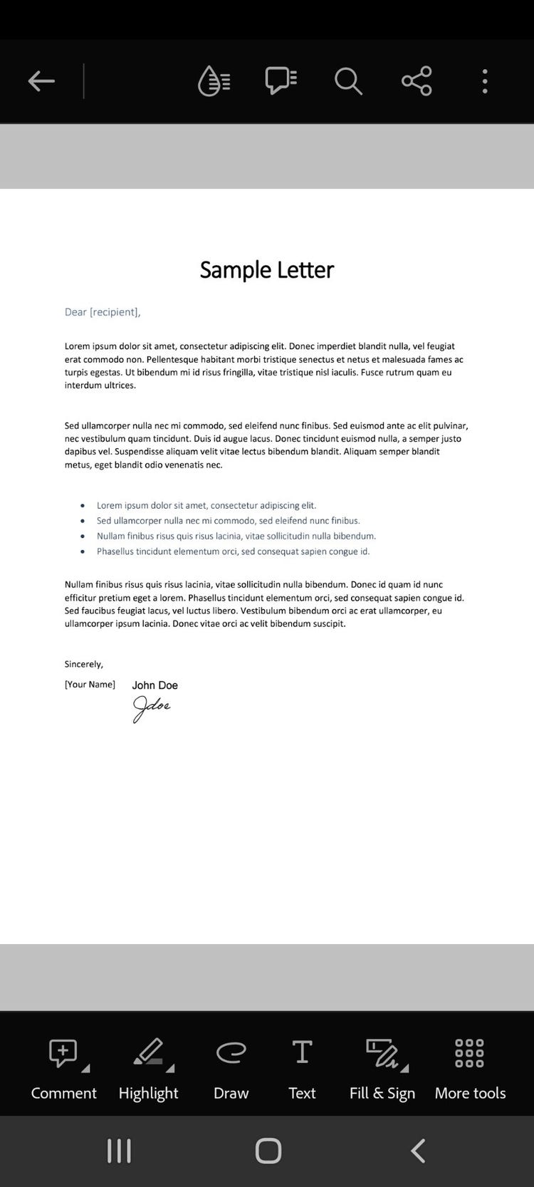 Image of Adobe Acrobat Reader displaying an open PDF on Android.