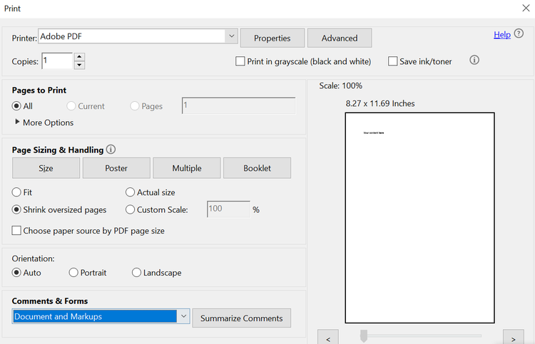 The Print pop-up window showing various options.
