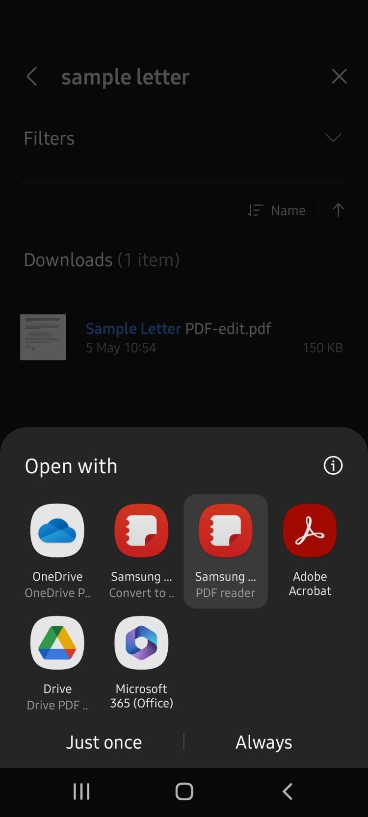 Screengrab of the Open with options on Android for a PDF file.