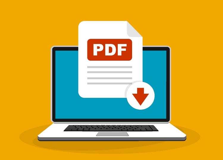 Illustration of PDF on laptop on yellow background, Picture