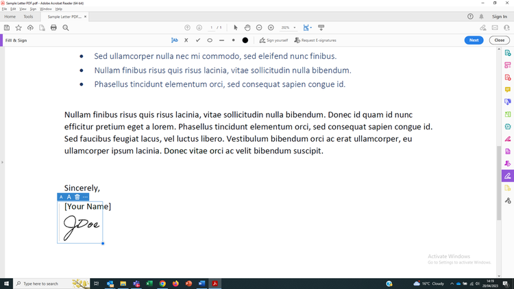 Screenshot of user highlighting signature with a blue pop-up menu.