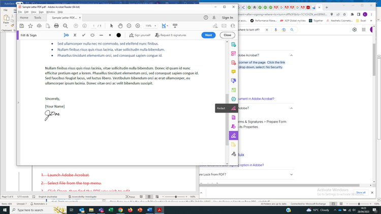Screenshot of a PDF document. In the right-hand column, the redact tool is being selected.