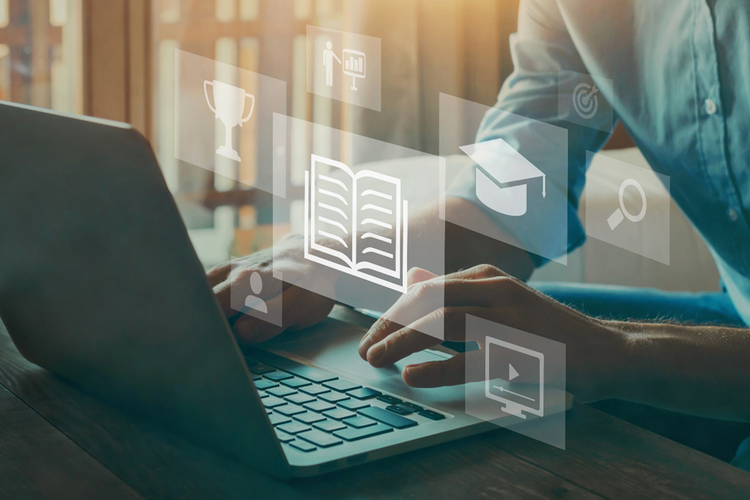 Photo of a person sitting at a laptop. Overlaid are conceptual diagrams of a graduation cap, book, targets, awards and goals.