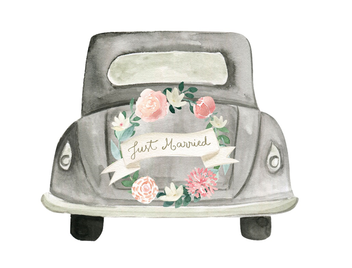 Watercolor of a vintage vehicle with a just married sign and flowers on the back.
